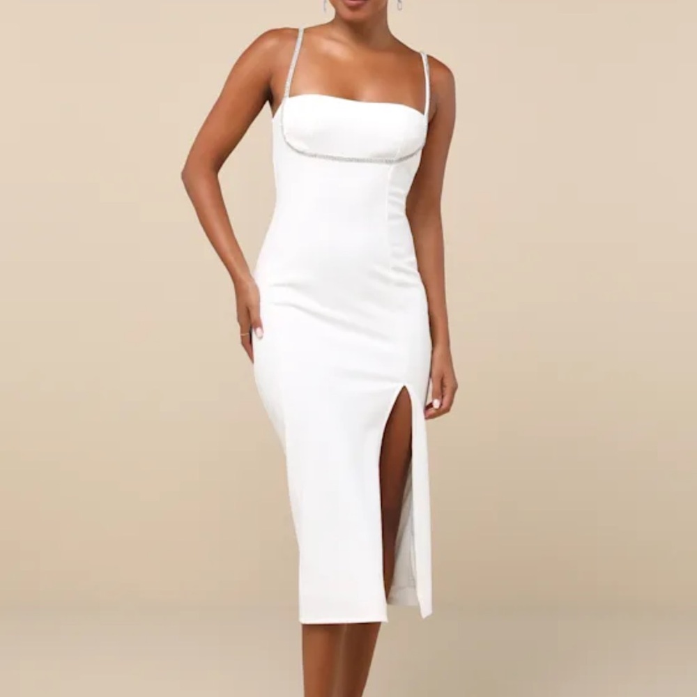 NWT Lulu's Upscale Flirt Ivory Rhinestone Sleeveless Bodycon Midi Dress